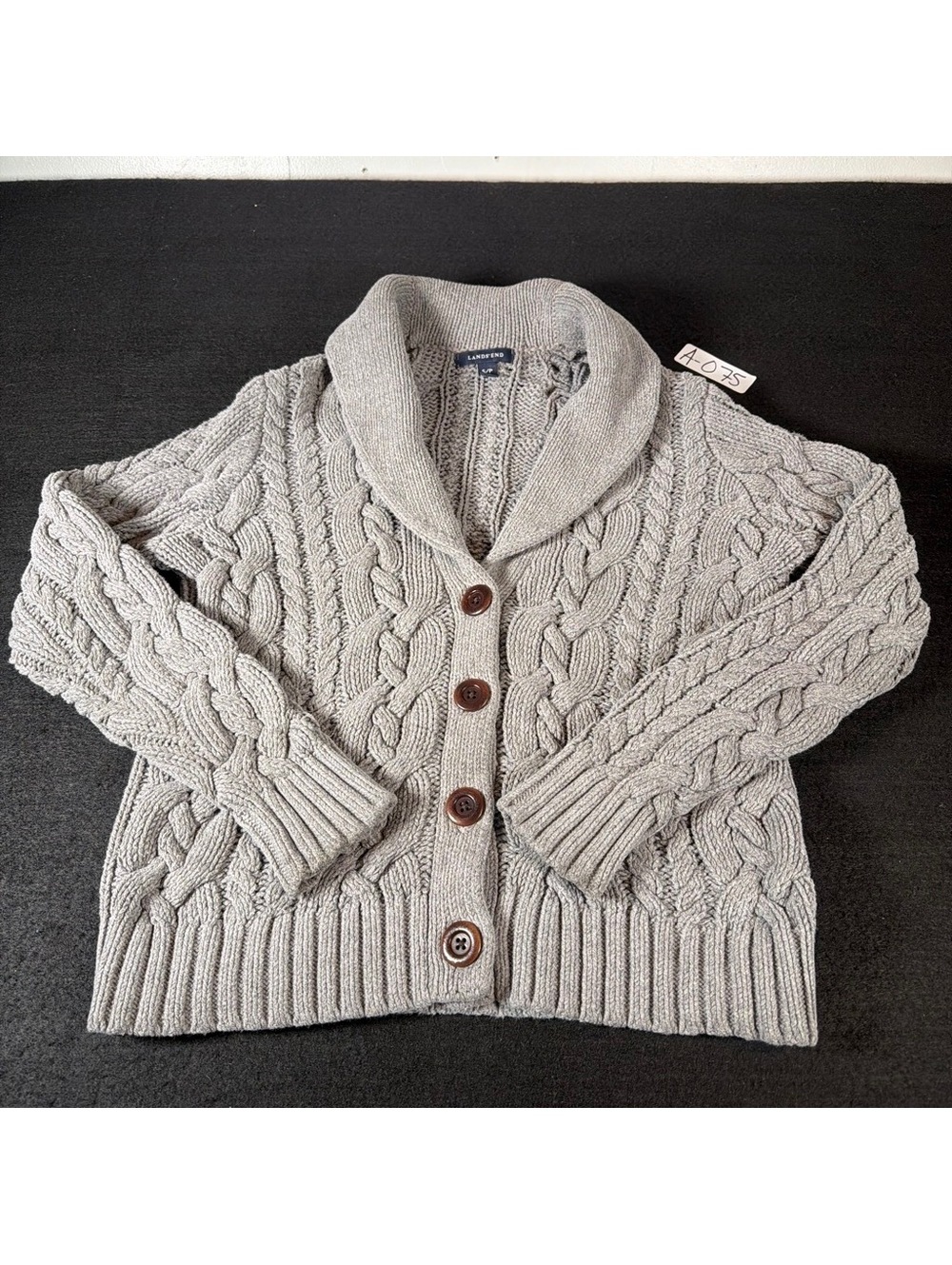 Lands’ End Women S Petite Gray Cable Knit Shawl Collar Cardigan Sweater Button